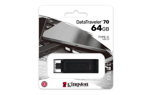 Kingston 64GB DataTraveler 70 -muistitikku, USB 3.2 Gen1 USB-C, musta